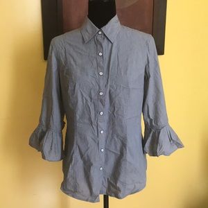 3/4 sleeve gray vertical striped button down shirt